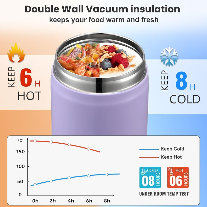 Howeemo 17oz Soup Thermo for Hot Food Kids,Insulated Food Jar with Spoon,Thermo Hot Food Lunch Container,Wide Mouth Leakproof Stainless Steel Lunch Box for School-Purple - Image 3